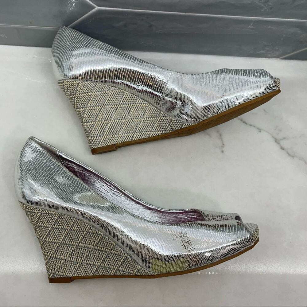 Silver Metallic Peep-Toe Wedge Heels - Women